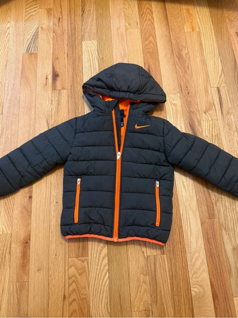 Nike Kids Gray Puffer Jacket with Orange Accents